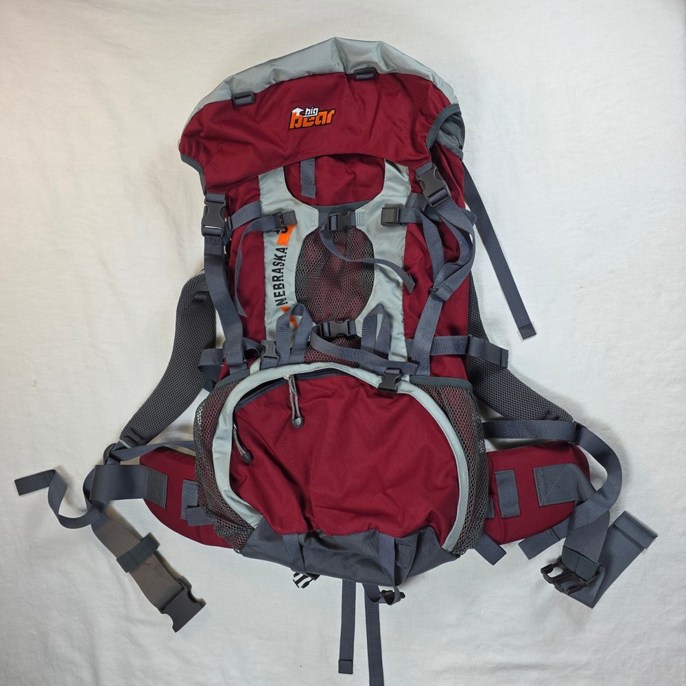 Big Bear Nebraska Internal Frame Hiking Backpack Red Grey Large Multi-Day Pack